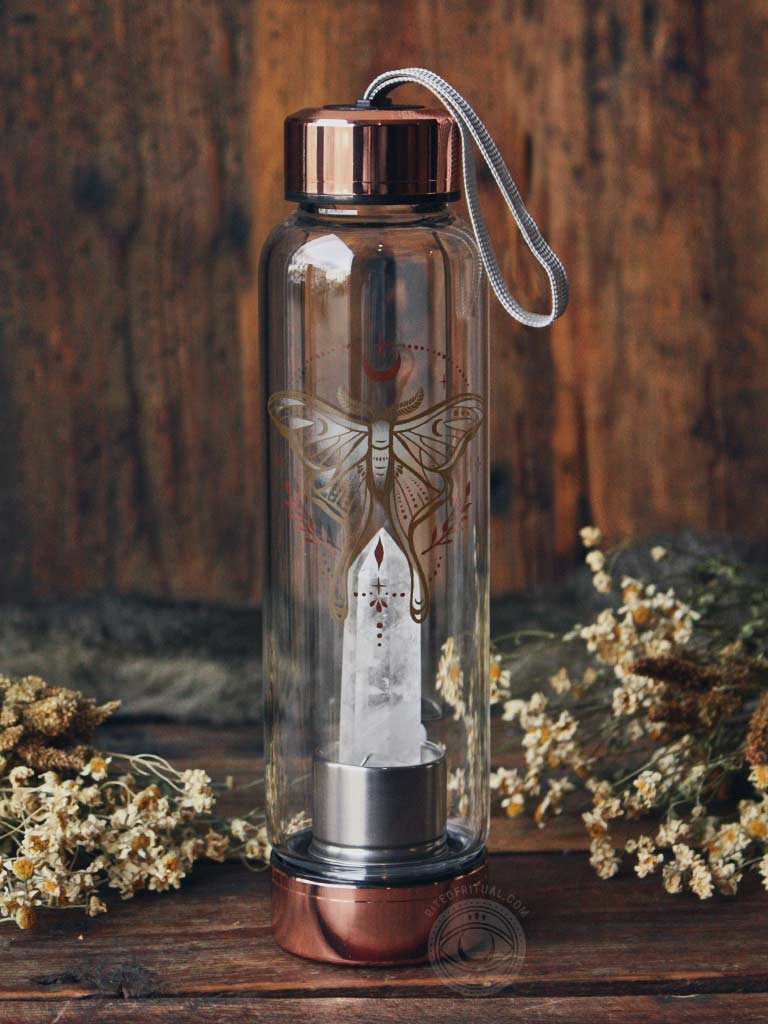 Luna Moth Glass Water Bottle with Clear Quartz Crystal
