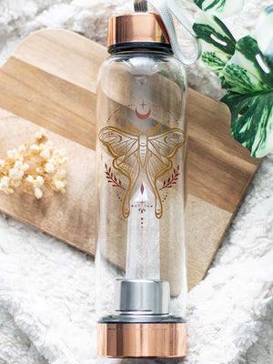 Luna Moth Glass Water Bottle with Clear Quartz Crystal