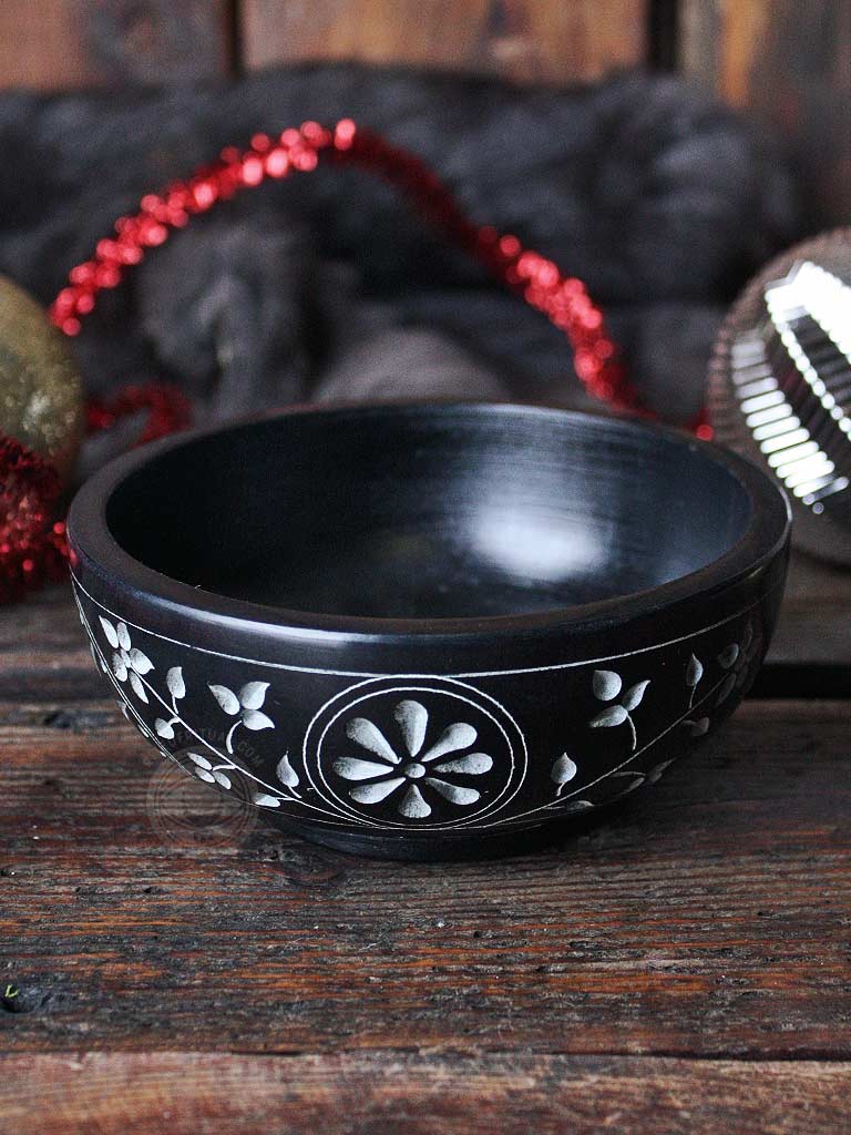 Carved Floral Stone Ritual Use Bowl