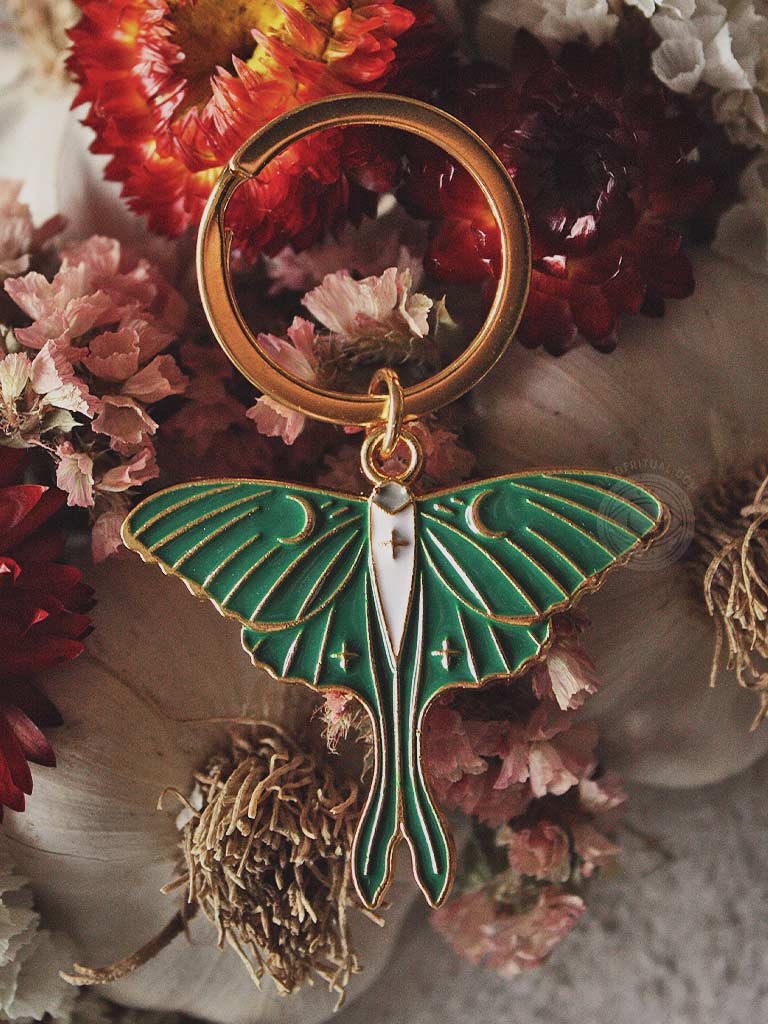 Emerald Luna Moth Metal Keychain