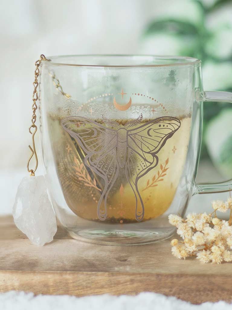 Luna Moth Double Walled Glass Mug with Crystal Tea Infuser