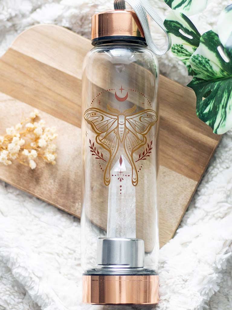 Luna Moth Glass Water Bottle with Clear Quartz Crystal