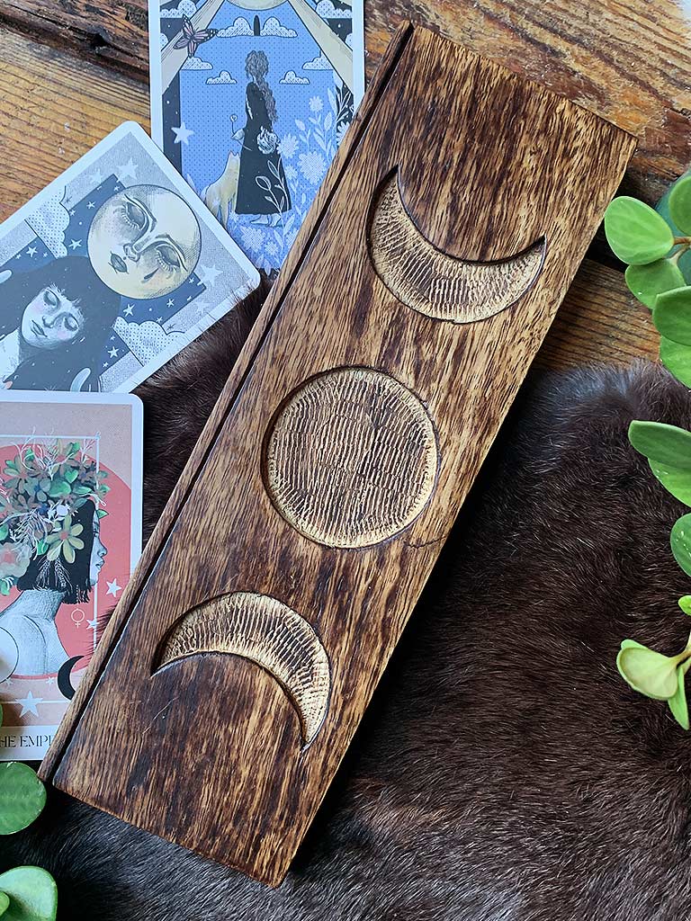 Triple Moon Carved Wood Tarot Card Holder