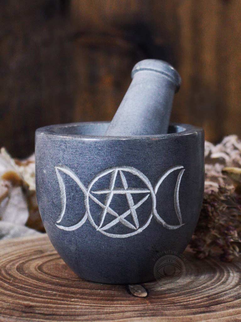 Triple Moon Pentagram Grey Soapstone Mortar + Pestle