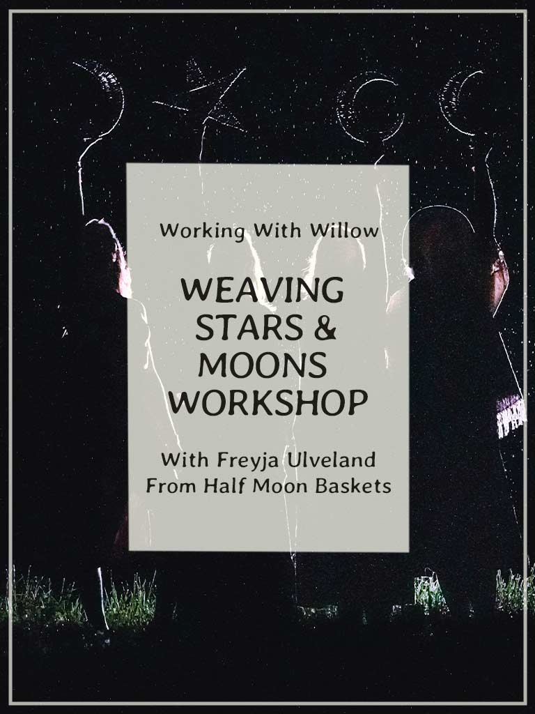 Promotional graphic for 'Weaving Stars & Moons Workshop' with text overlay on a dark background.
