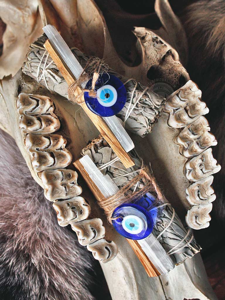 White Sage Palo Santo Selenite Evil Eye Charm Cleansing Bundle