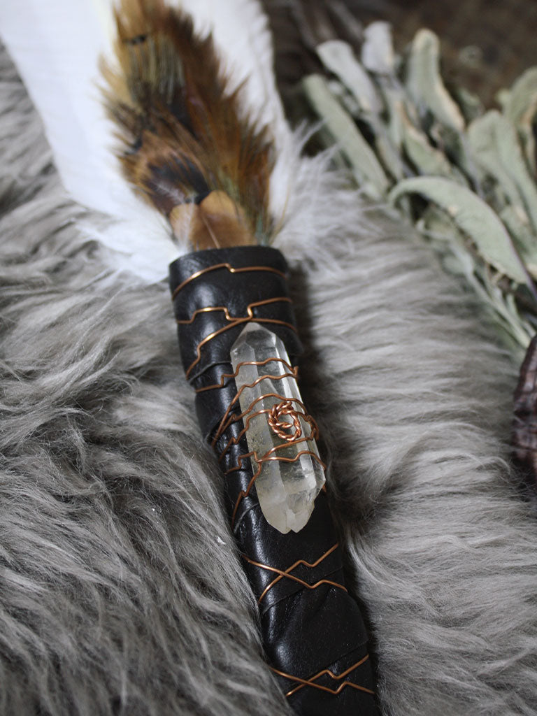 OOAK Handmade Ceremonial Smudge Fan with Rio Grande & Heritage Turkey, Guinea and online Silver Pheasant Feathers, Quartz Point ~ Reiki Blessed