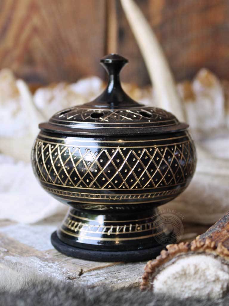 Engraved Black Brass Incense Holder with Coaster