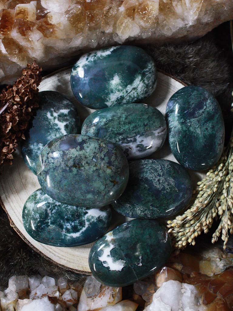 Moss Agate Palm & Worry Stones