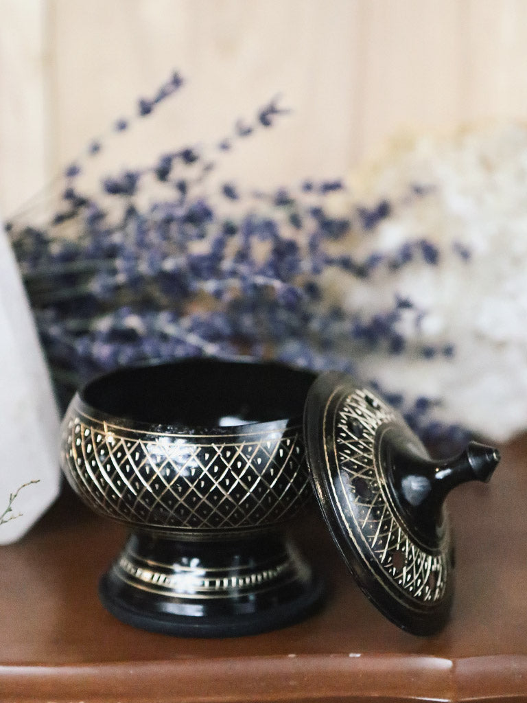 Engraved Black Brass Incense Holder with Coaster